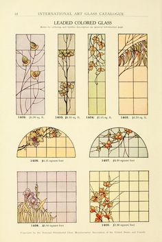 an image of stained glass windows with flowers and butterflies on them in different colors, sizes and shapes