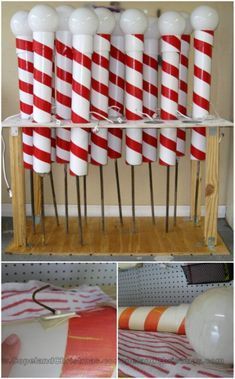 some red and white candy canes are stacked on top of each other in this diy