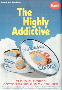 an advertisement for cookies with the title'the highly addictive cloud - flavored cotton candy gummy cookies '