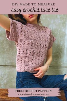 a woman sitting on top of a wooden bench wearing a pink crochet sweater