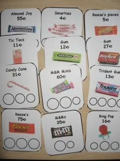 the candy place cards are labeled with different types of candies and chocolates on them