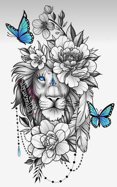 a lion with flowers and butterflies on its head