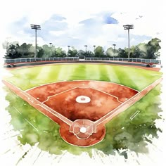 a watercolor painting of a baseball field