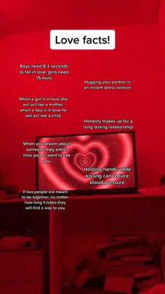 a computer screen with the words love fact on it in front of a red background