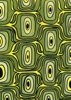 an abstract painting in green and yellow with black circles on the bottom half of it