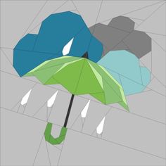 three umbrellas with different colors and shapes on the top one is green, blue, gray, and white