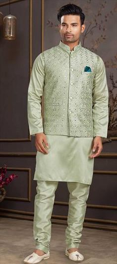 Green color Kurta Pyjama with Jacket in Milan Silk fabric with Embroidered, Mirror, Thread work Luxury Pista Green Fitted Nehru Jacket, Kurta Pyjama With Jacket, Kurta Pyjama, Silk Kurta, Thread Work, Silk Fabric, Green Color, Green Colors, Milan