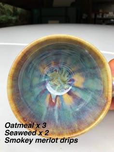 a hand holding a yellow and blue bowl with the words oatmeal x 3 seaweed x 2 smokey merlot drips