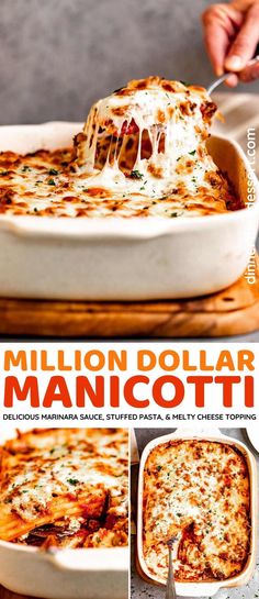 a collage of photos showing how to make a million dollar manicotti casserole