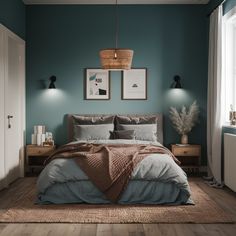 a bedroom with teal walls and wooden flooring is pictured in this image, there are two lamps on either side of the bed