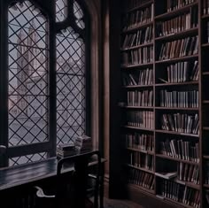 an old library with many bookshelves and large windows that look out onto a grassy field