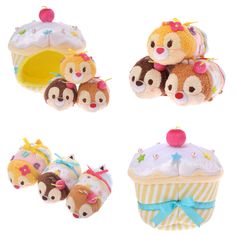 four stuffed animals sitting next to each other on top of cupcakes and muffins