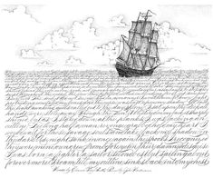 a drawing of a sailboat in the ocean with writing on it's side