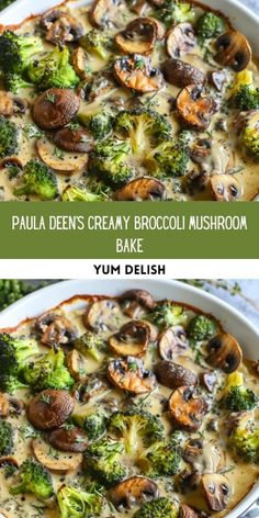 two images showing different types of food in the same dish, one with broccoli and mushrooms