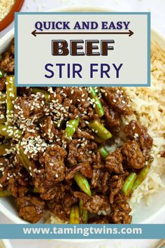 beef stir fry in a bowl with rice and sesame seed sprouts on the side