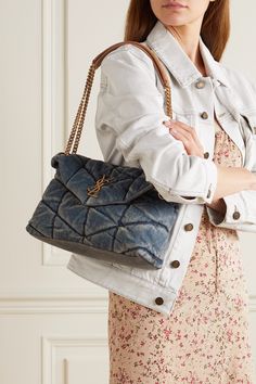 The quilted denim of SAINT LAURENT's 'Loulou Puffer' shoulder bag gives it real '90s appeal. Named after the founder's muse and close friend, Loulou de la Falaise, it's trimmed with suede on the gold-tone chain strap and has an antiqued gold 'YSL' plaque. The interior zipped pocket is perfectly sized to secure your cell phone and compact. Loulou Puffer, Porter Bag, Quilted Denim, Denim Shoulder Bag, Hand Bags For Women, Blue Puffer, Denim Handbags, Denim Purse, Denim Shoulder Bags