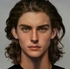 an artist's rendering of a young man with long hair and blue eyes looking at the camera