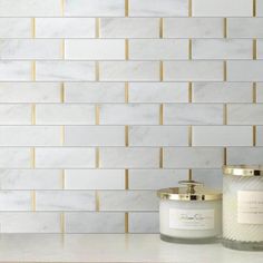 Natural Bianco White and Gold Metal Brick Subway Stone Tile Tuscan Glass White Supreme, Gold Tile, White Wall Tiles, Mosaic Tile Backsplash, White Backsplash, Marble Mosaic Tiles, Mosaic Wall Tiles, Accent Tile, Brick Patterns