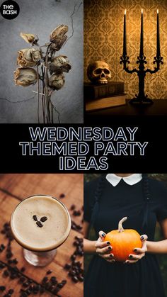 there is a poster with different things in the photo and it says wednesday, they're party ideas