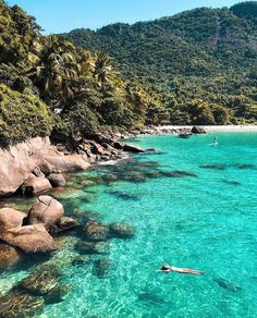 a person swimming in the clear blue water next to some rocks and palm trees,