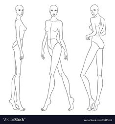 three female mannequins in different poses for the body and head line drawing