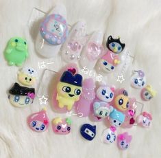 #kawaii #yumekawaii #fairykei #kawaiinails #tamagotchi Tamagotchi Nails, Funky Trinkets, One Piece Nails, Nail Cartoon, Cute Tats, Y2k Nails, January 9