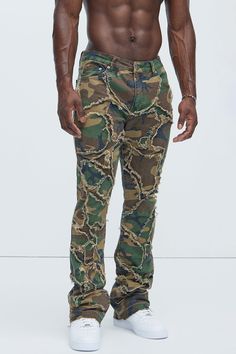 Available In Camouflage. Stacked Skinny Flare Fit 5 Pocket Detail 97% Cotton 3% Spandex Disclaimer: Due To The Specialized Distressing & Wash Process, Each Garment Is Unique. Zip Fly Button Closure Fray Detail Open Hem Imported | Mens Fray All Ways Stacked Skinny Flare Pants in Camouflage size 32 by Fashion Nova Camouflage Fashion, Service Women, Jean Top, Pocket Detail, Flare Pants, Short Pants, Clothes For Sale, Everyday Essentials Products, Camouflage