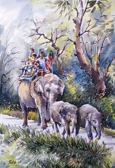 a painting of people riding on the back of an elephant with two baby elephants in front of them