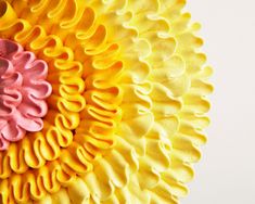 a yellow and pink flower with spirals on it