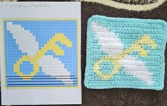 a crocheted square next to a piece of paper with an image of a plane on it