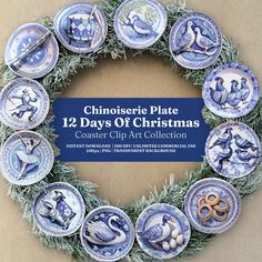 a wreath made out of blue and white plates with the words 12 days of christmas written on it