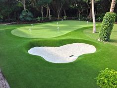 an artificial golf course in the middle of a tropical area with trees and bushes surrounding it