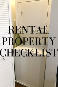 the words rental property checklist are in black over an image of a white refrigerator