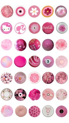 various pink and white buttons are arranged on a white background with the words hello kitty