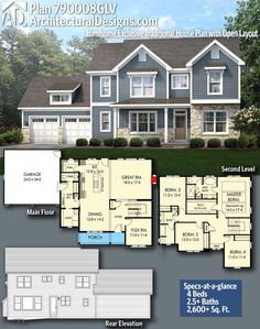 two story house plan with 3 car garage and attached living room, kitchen and dining area