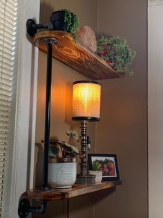 a lamp is sitting on top of a shelf next to a potted plant and other items