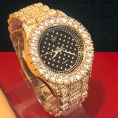 Brand New 1000% Authentic Men’s Technopave 18k Gold Plated Fully Icedout Lab Diamond Watch Elegant Gold Diamond Watch With Pavé-set Diamonds, Formal Gold Bling Jewelry And Watches, Gold Iced Out Watch For Anniversary, Gold Diamond Watch With Bling For Formal Occasions, Gold Plated Watch, Accessories Brand, Diamond Watch, Accessories Branding, Lab Diamonds