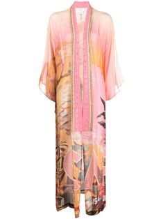 peach pink/multicolour silk chiffon all-over Capri Me print layered design crystal embellishment shawl collar open top wide sleeves straight hem long length Summer Silk Pink Kimono, Elegant Pink Printed Kaftan, Pink Silk Kimono For Spring, Chiffon Kimono, Layered Design, Oversized Coat, Crystal Embellishment, Peach Pink, Wide Sleeves