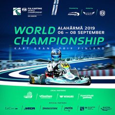 a poster for the world kart championship with a man in a go - kart