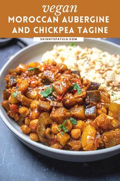 a white bowl filled with chicken and chickpea tagine on top of rice