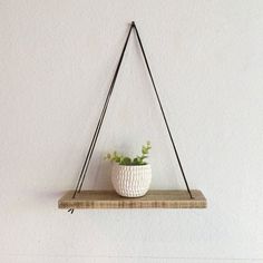 a potted plant sitting on top of a wooden shelf next to a white wall