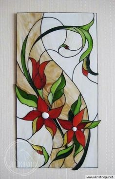 a painting with red flowers and green leaves on white paper, hanging on a wall