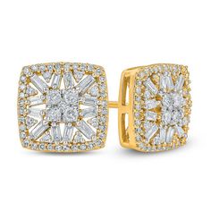 Dazzle and delight her with these dainty diamond stud earrings. Crafted in warm 10K gold, each shimmering earring features a squared composite of diamonds wrapped in a zigzag pattern of sparkling baguette-cut and round diamonds. A cushion-shaped border of diamonds completes the look. Radiant with 1/2 ct. t.w. of diamonds and a brilliant buffed luster, these post earrings secure comfortably with friction backs. Gold Baguette Diamond Earrings For Anniversary, Anniversary Gold Baguette Diamond Earrings, Baguette Diamond Wedding Earrings, Yellow Gold Diamond Earrings With Baguette Diamonds, Classic Baguette Diamond Earrings For Anniversary, Baguette Diamond Earrings For Gift, Cubic Zirconia Baguette Diamond Earrings For Anniversary, Baguette Earring, Jewelry Design Drawing