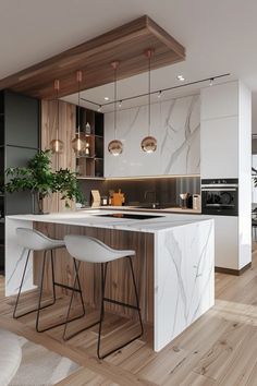 a modern kitchen with marble counter tops and white stools in front of an island