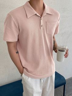 Pink Casual Collar Short Sleeve Fabric Plain  Embellished Slight Stretch Summer Men Clothing Peach Outfit Men, Pink Guy Outfit, Polo Shirt Outfit Men Casual, Collar Tshirt Outfit, Pastel Aesthetic Outfit Men, Men Pink Outfit, Pink Outfits Men, Pink Outfit Men, Mens Clothing Styles Summer