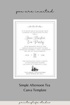 the simple wedding tea party flyer is shown in black and white, with an elegant calligraphy