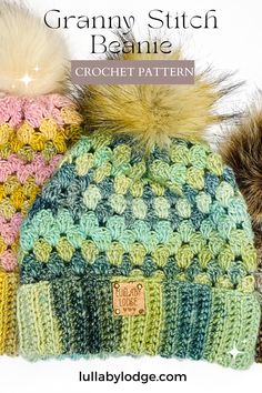 three crochet hats with pom - poms on top and the words granny stitch