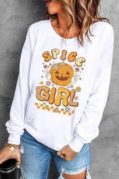 Long Sleeve SPICE GIRL Grap... Pumpkin Graphic, Pumpkin Sweatshirts, Blank Apparel, Girl Halloween, Graphic Style, Sweatshirts Online, Type Graphic, Spice Girls, Halloween Girl