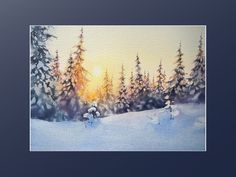 a painting of trees in the snow at sunset