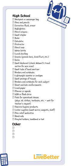 a checklist with the words high school written on it